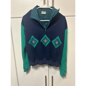 Koret Sport Vintage Quarter Zip Pullover Navy Green Plaid Mixed‎ Media Sweater